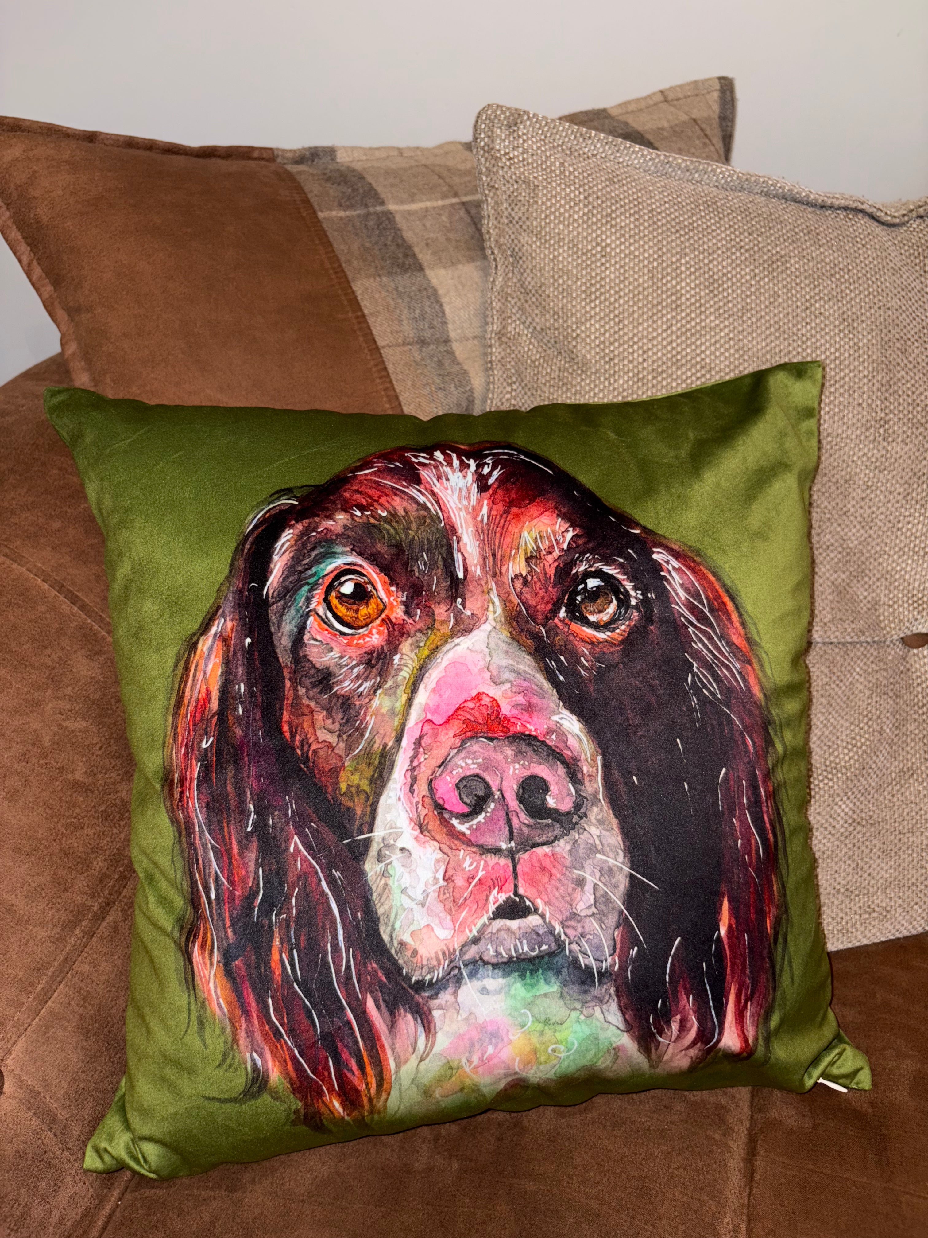 Olive green Springer velvet cushion