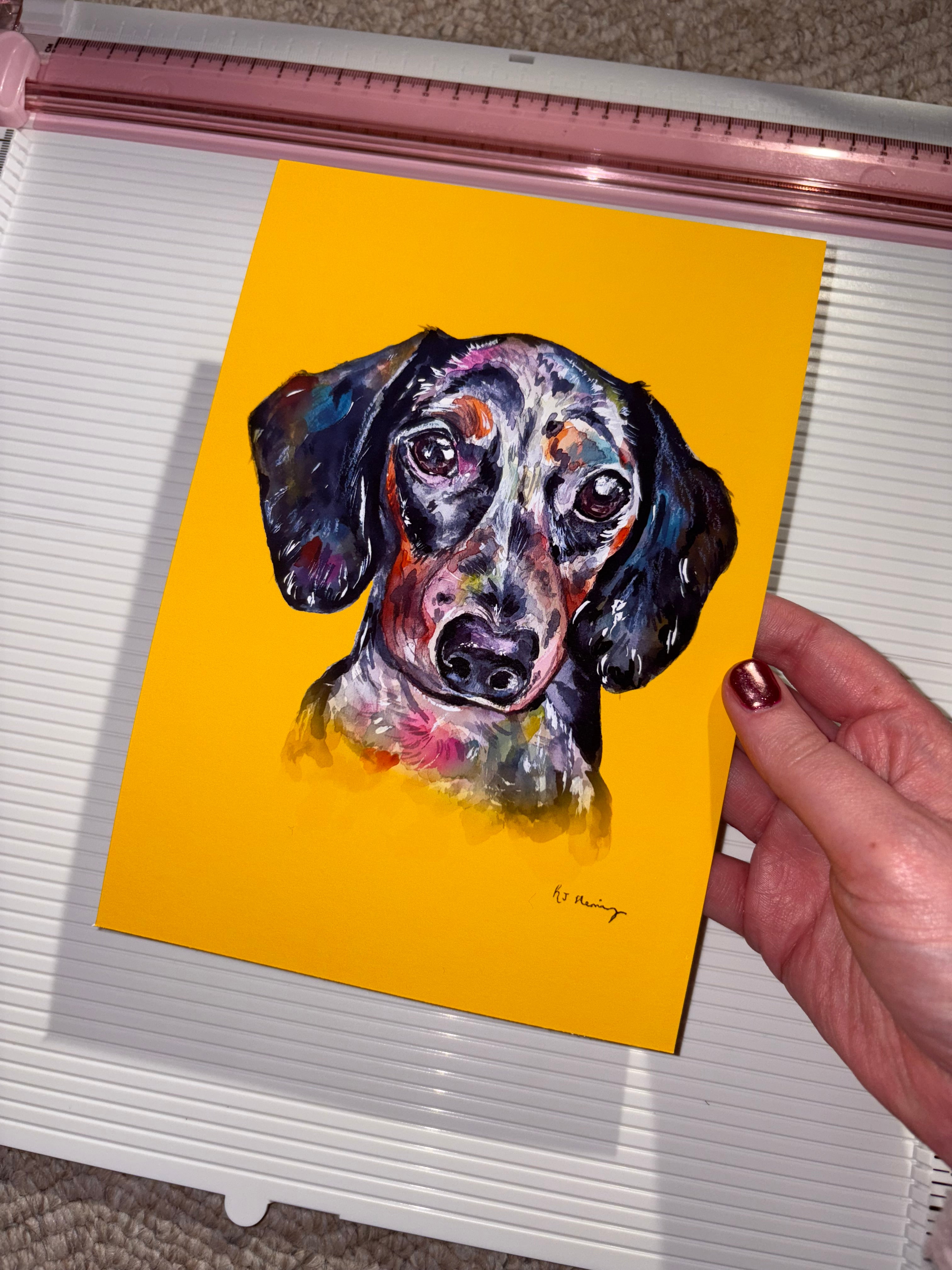 A5 Sausage Dog print ~ Mustard yellow