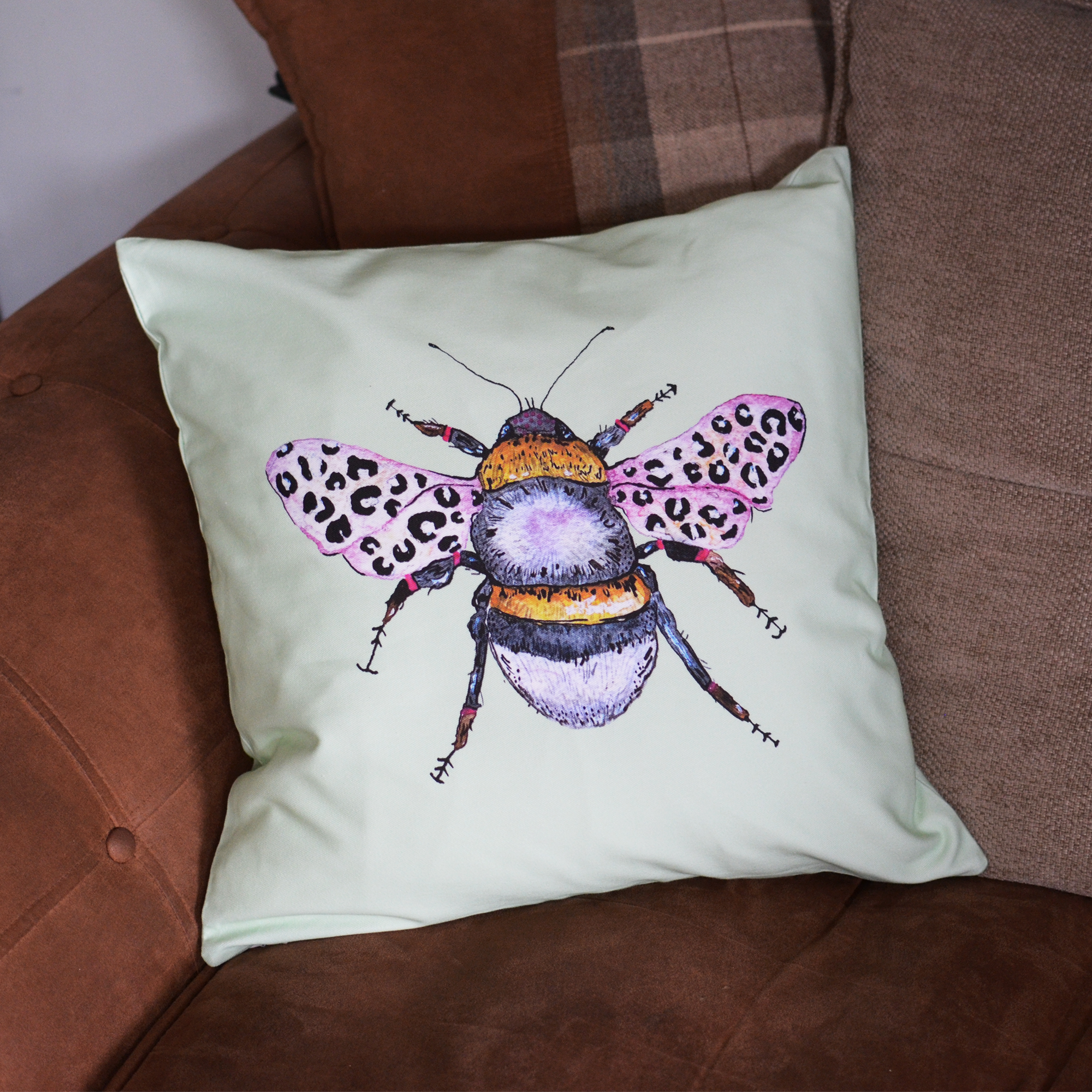 Leopard Print Bee Cushion Mint Green
