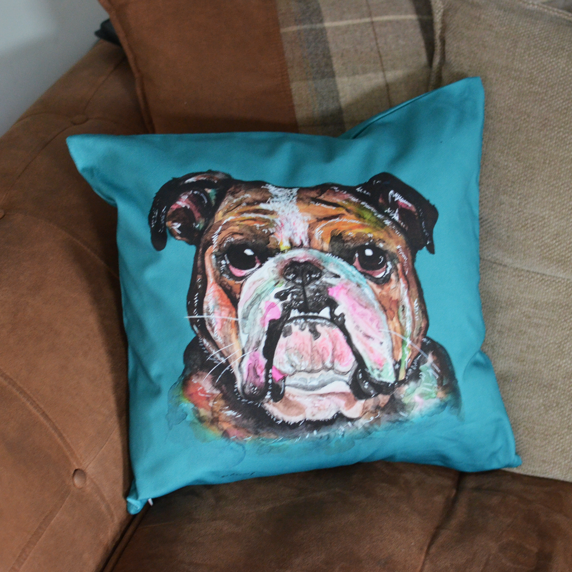 English Bulldog Cushion Teal