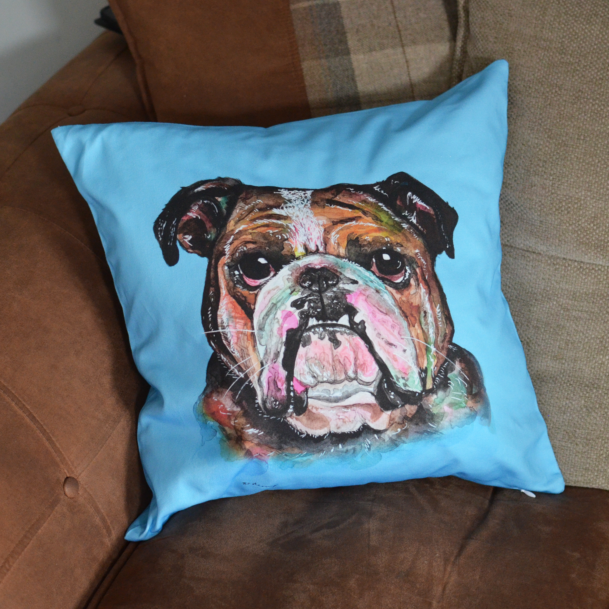 English Bulldog Cushion Sky Blue