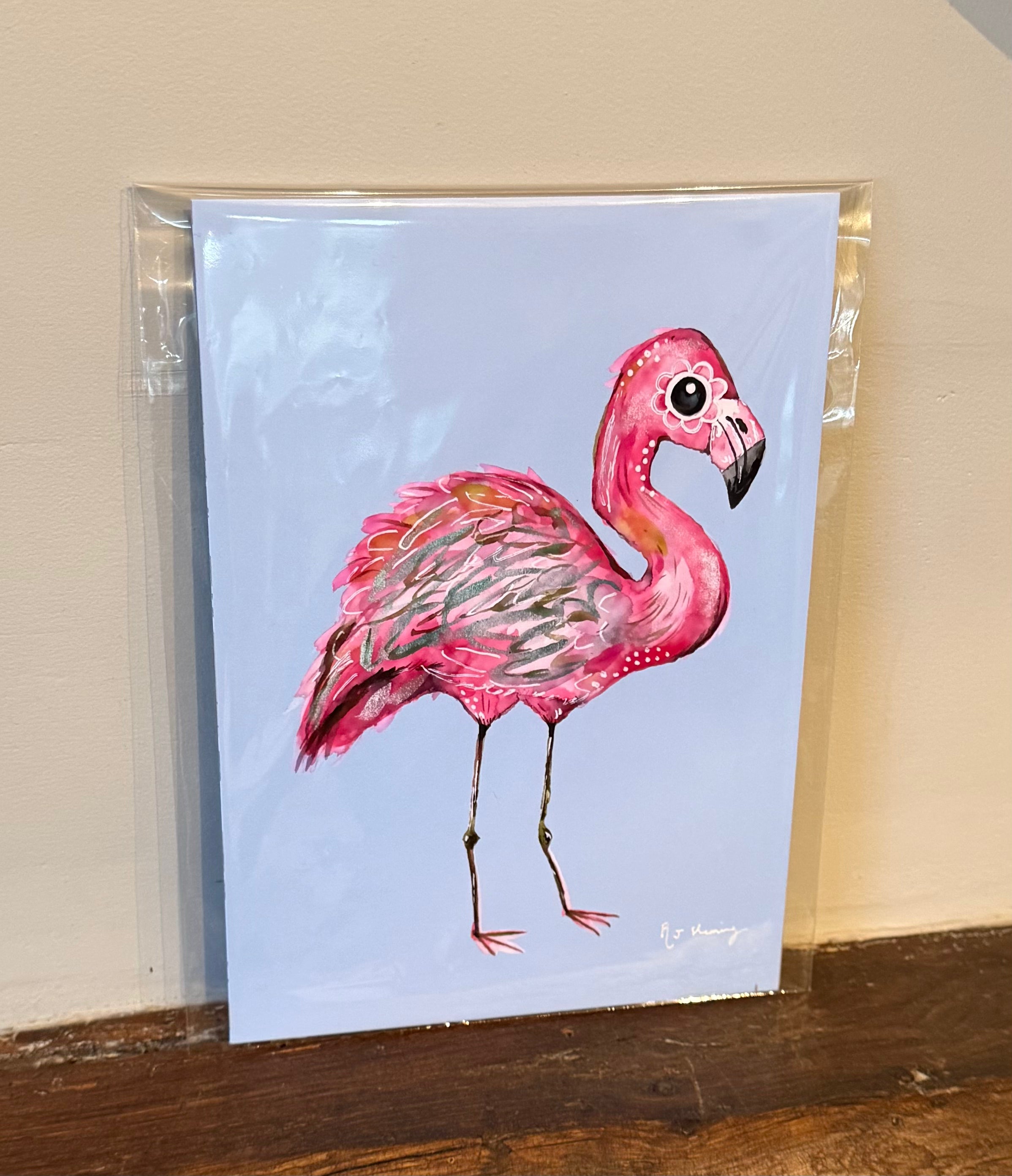 A5 Pink Flamingo Print ~ Light blue