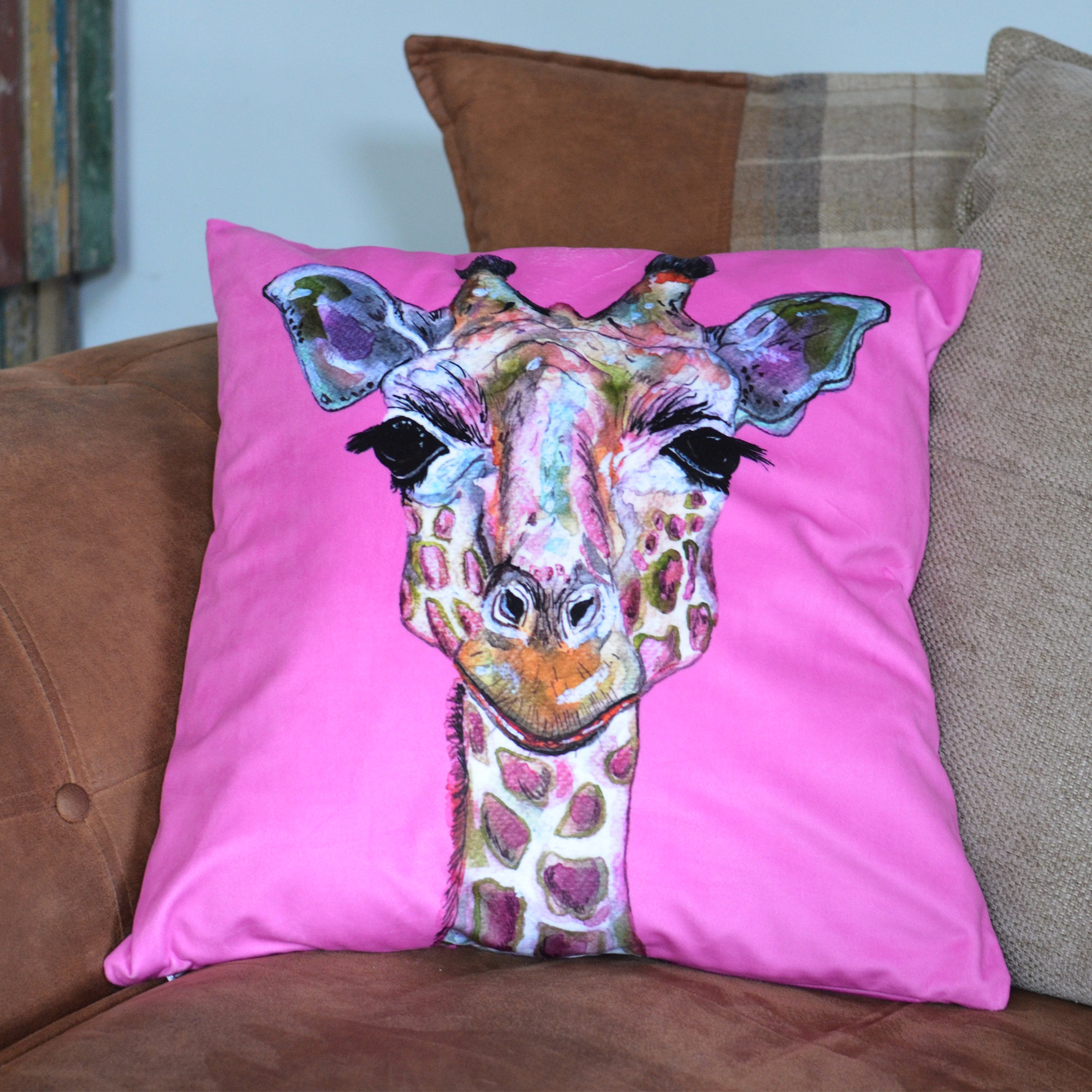 Giraffe Velvet Cushion Hot Pink