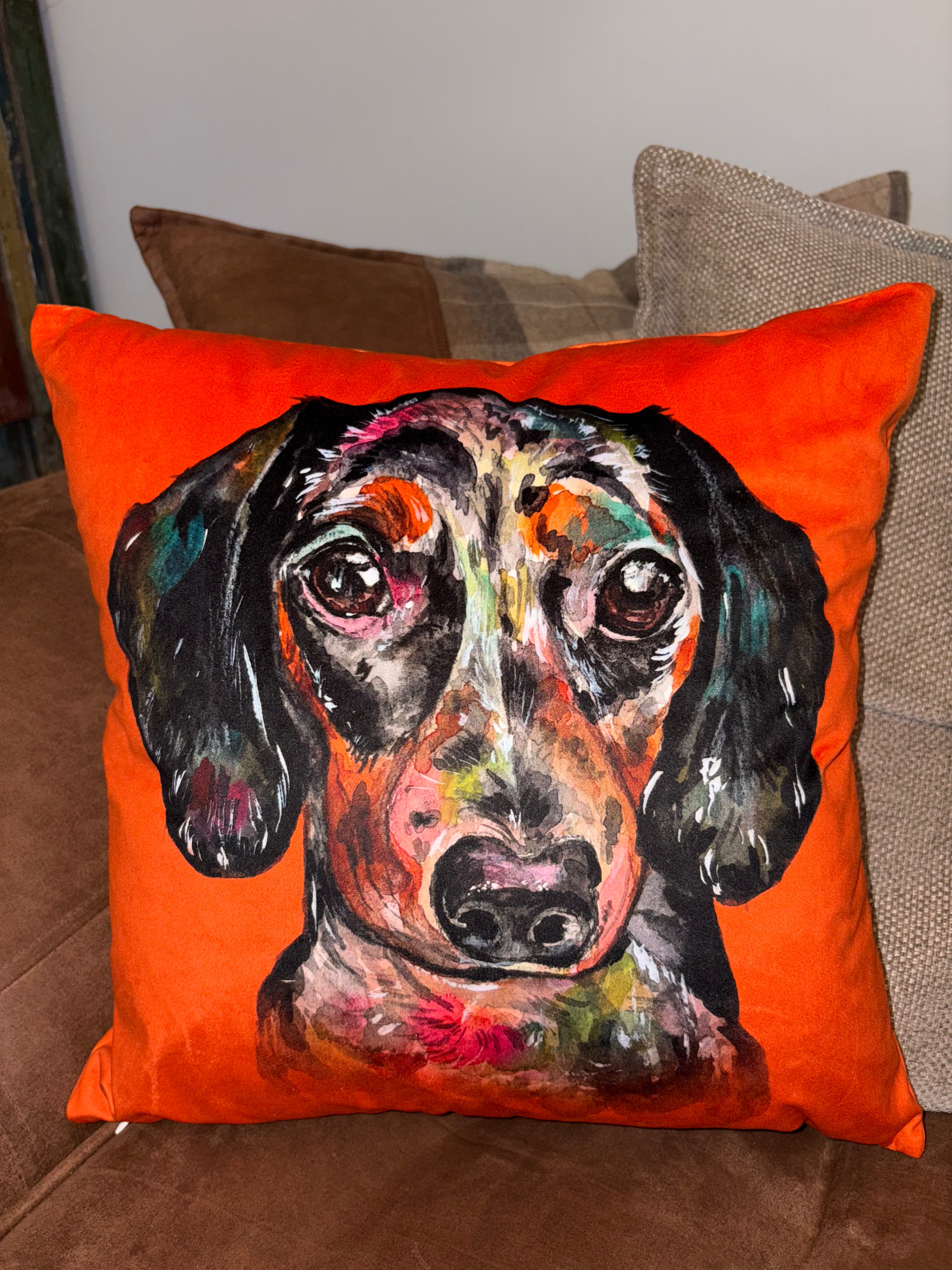 Burnt orange Dachshund velvet cushion