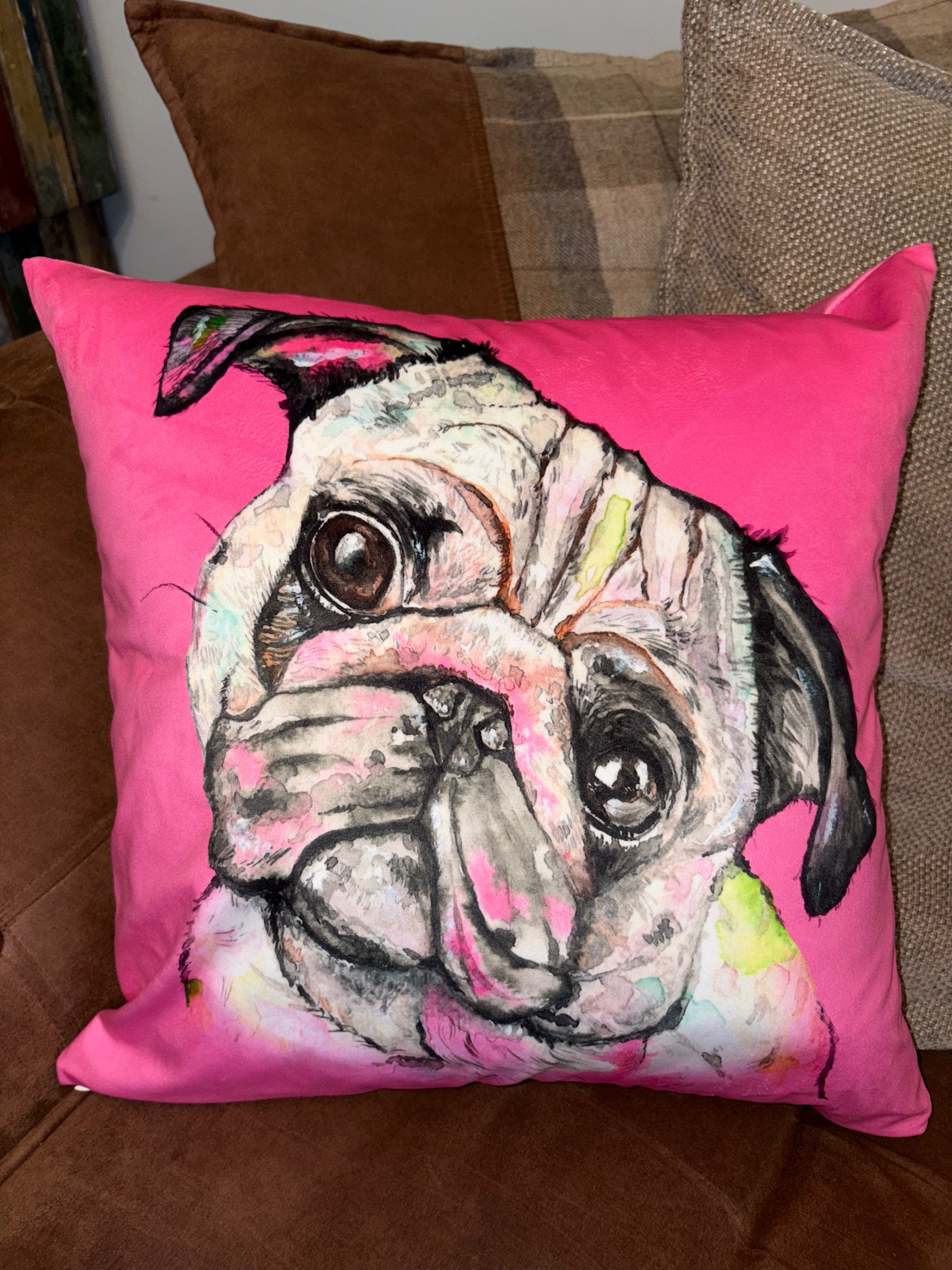 Pug hot pink velvet cushion