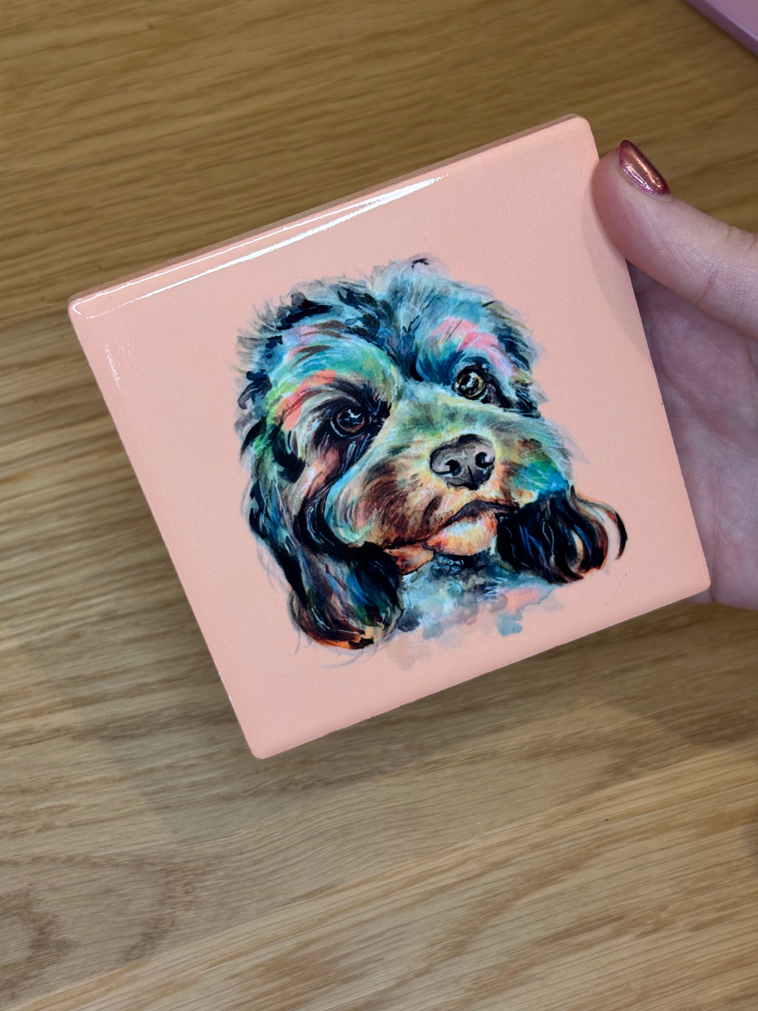 Rainbow Cockapoo Coaster - Light pink