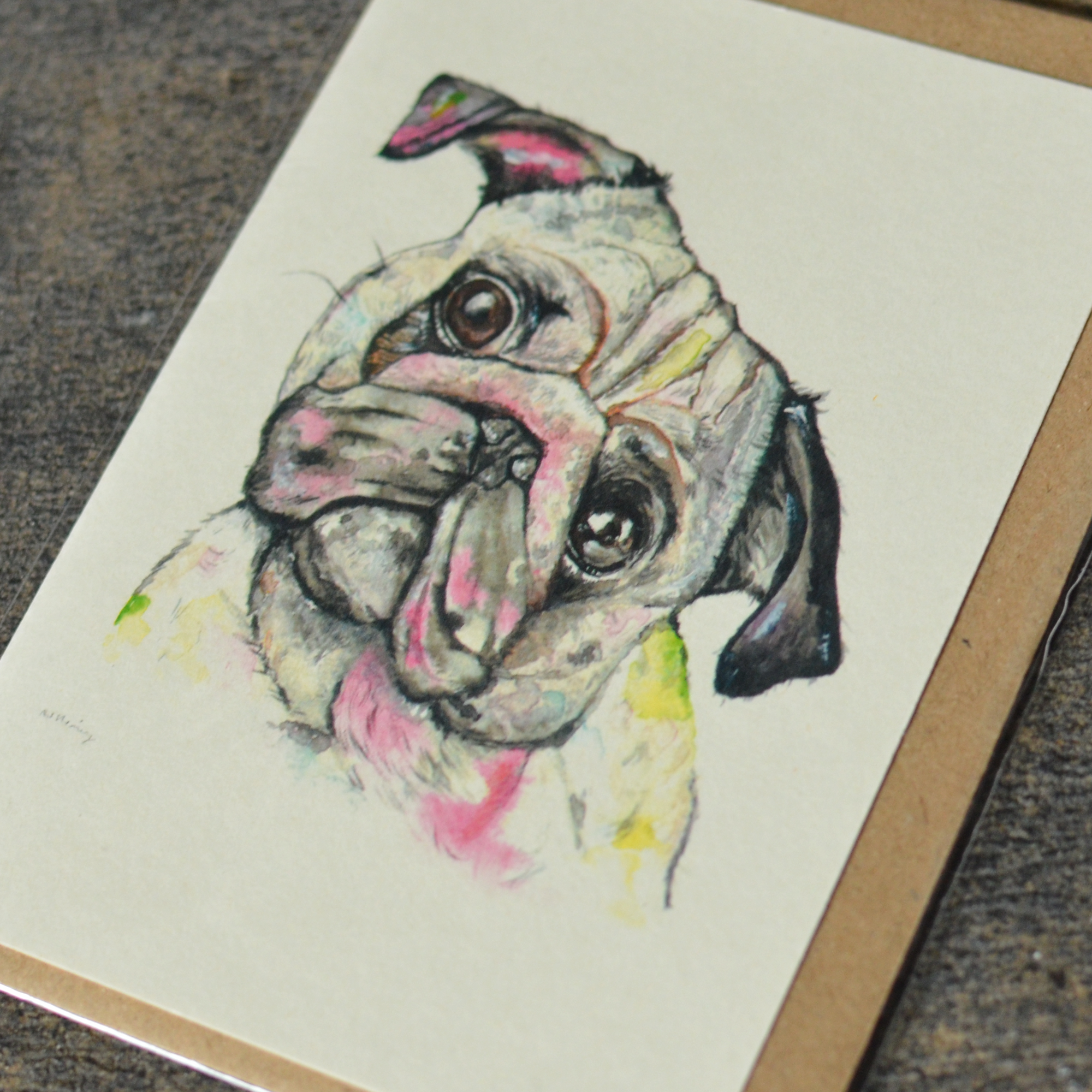 Pink + Green Pug Greeting Card