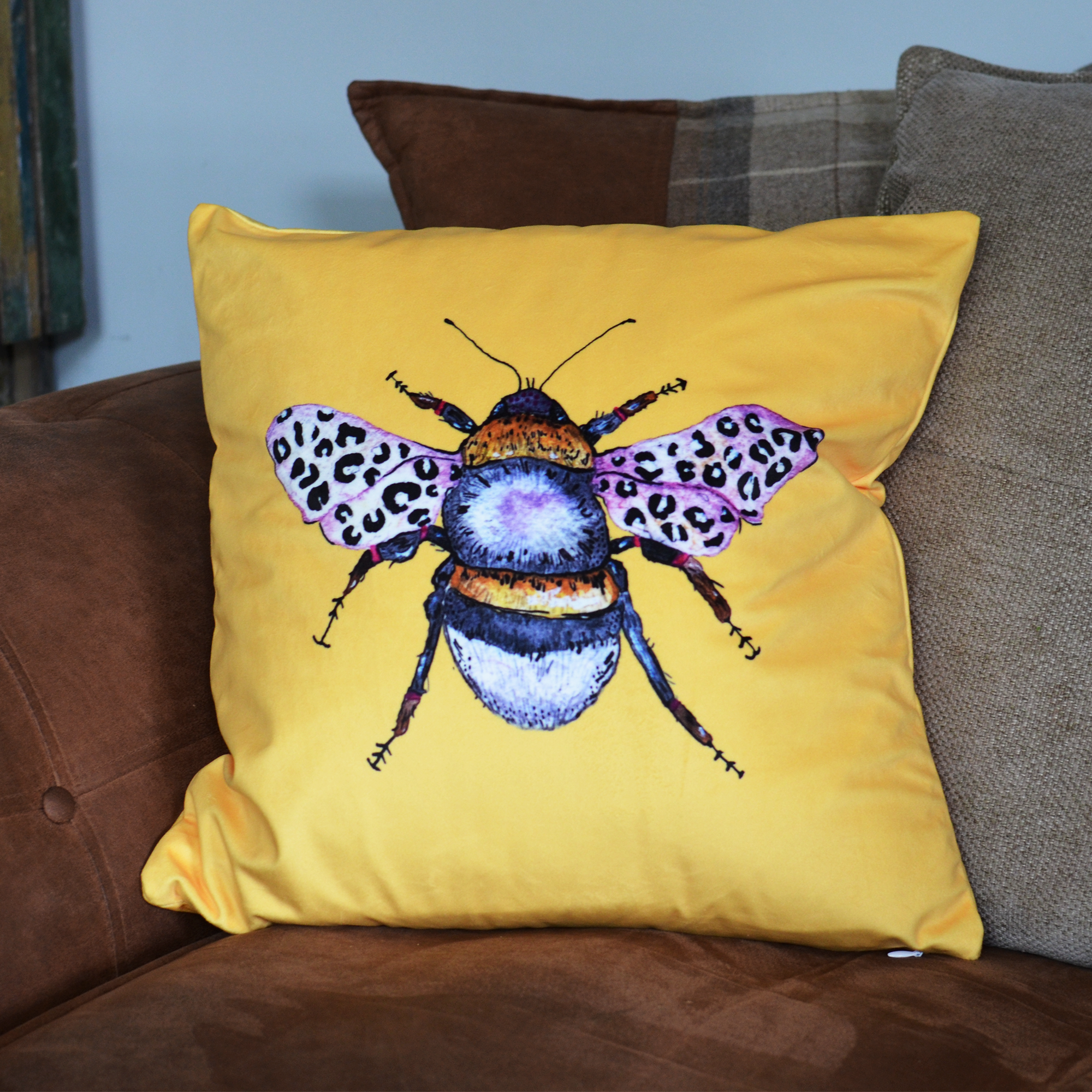 Leopard Print Bee Velvet Cushion Mustard